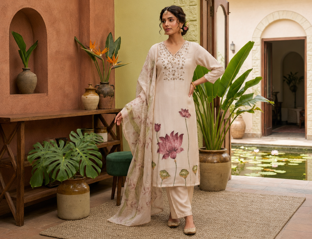 Model in an embroidered traditional ensemble
