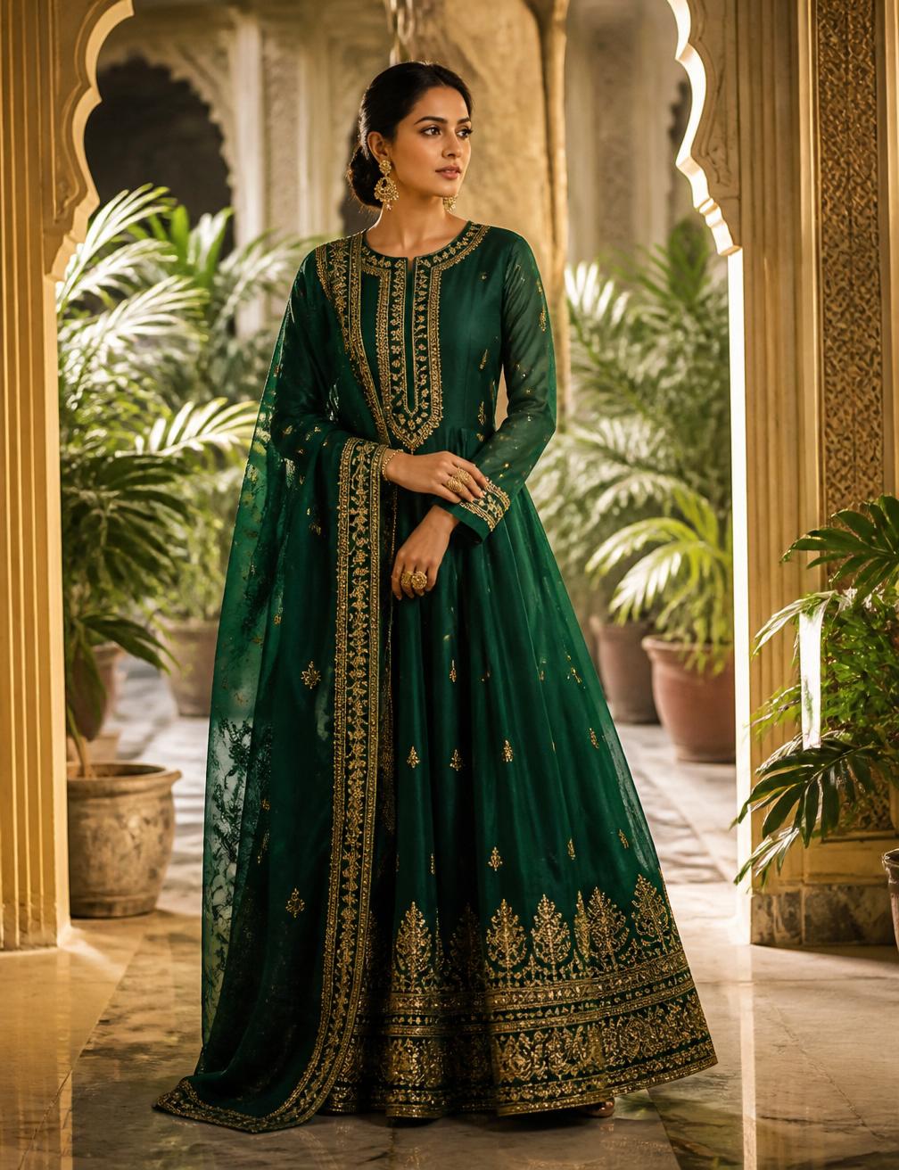 Vana Anarkali in emerald silk with antique gold zardozi